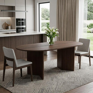 67 Inch Oval Dining Table with Double Pedestal Wood Base Seats Six for Elegant Gatherings