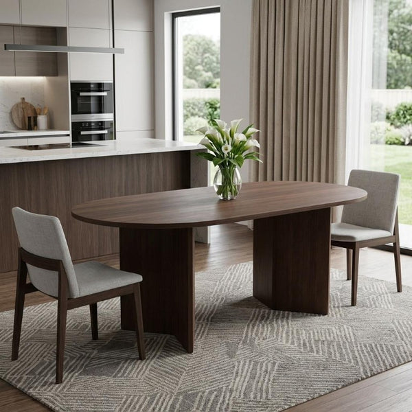 67 Inch Oval Dining Table with Double Pedestal Wood Base Seats Six for Elegant Gatherings