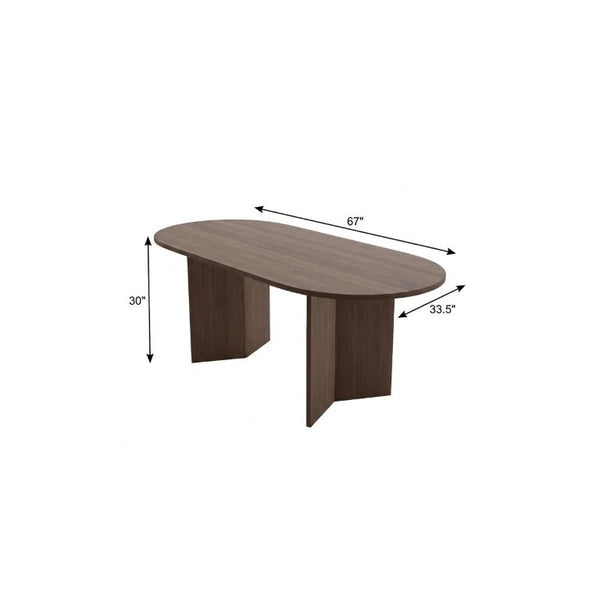 67 Inch Oval Dining Table with Double Pedestal Wood Base Seats Six for Elegant Gatherings