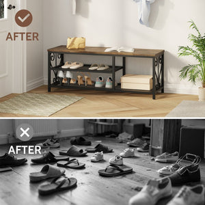 English Elm Vividwood Industrial Entryway Bench Rustic Wood Top Metal Frame Scrollwork Shoe Organizer Brown T5618P505964