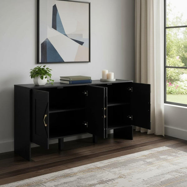 HomeRoots 60" Black Wood Accent Cabinet - Sleek Modern Design with Hidden Storage for Home or Office Spaces 691683