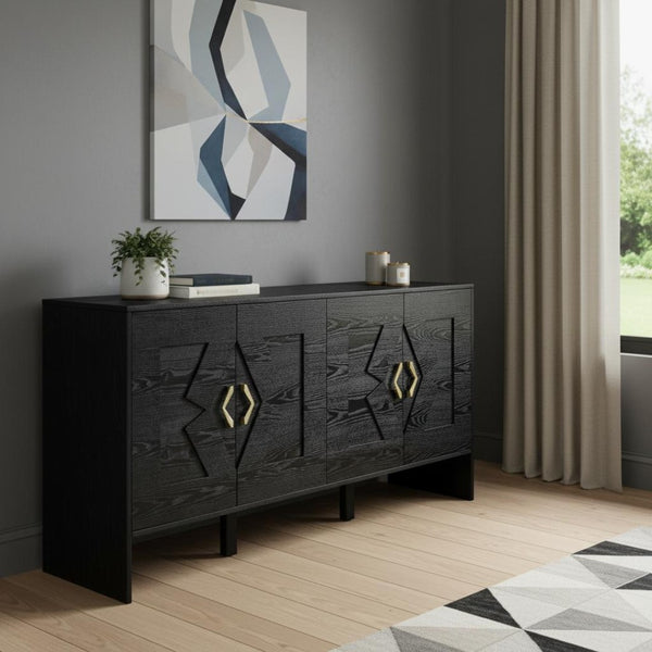HomeRoots 60" Black Wood Accent Cabinet - Sleek Modern Design with Hidden Storage for Home or Office Spaces 691683