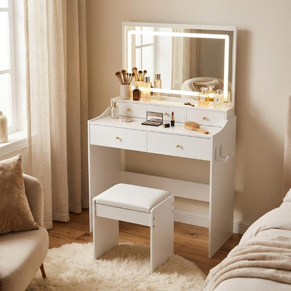 32 Inch White Wood Mirrored Vanity Table with Five Drawers and Built-in Lighting