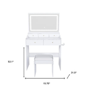 32 Inch White Wood Mirrored Vanity Table with Five Drawers and Built-in Lighting