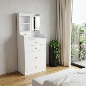 20 Inch White Wood Mirrored Five Drawer Vanity Table with Built-in Hollywood Lights