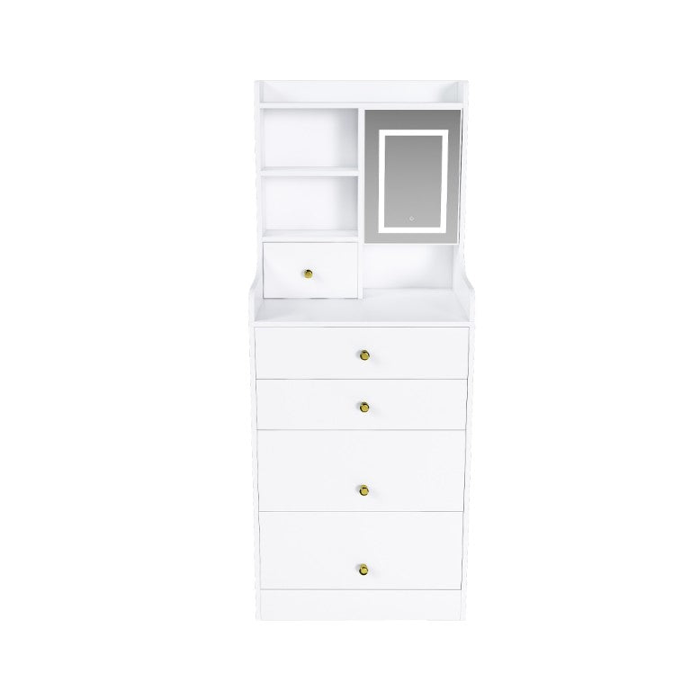 HomeRoots 20 Inch White Wood Mirrored Five Drawer Vanity Table with Built-in Hollywood Lights 691690