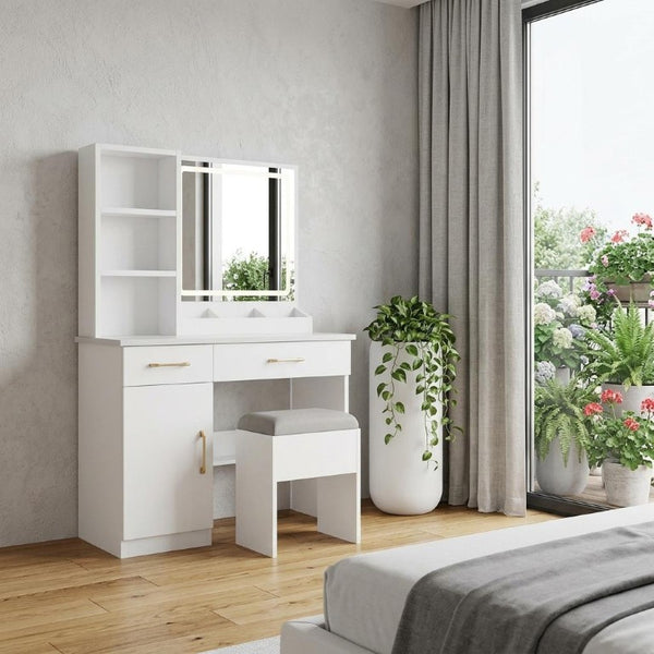32 Inch White Wood Mirrored Vanity Table with Built-in Lighting and Two Storage Drawers