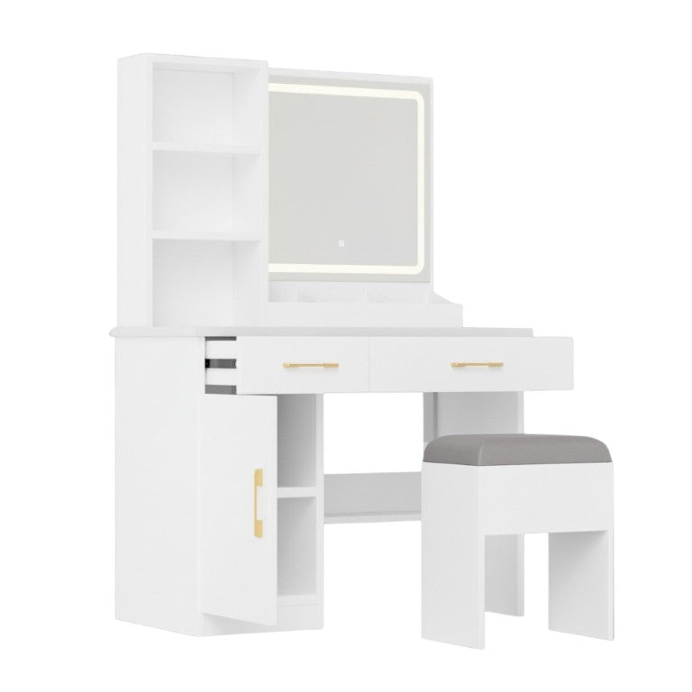 HomeRoots 32 Inch White Wood Mirrored Vanity Table with Built-in Lighting and Two Storage Drawers 691695