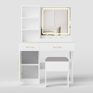 32 Inch White Wood Mirrored Vanity Table with Built-in Lighting and Two Storage Drawers