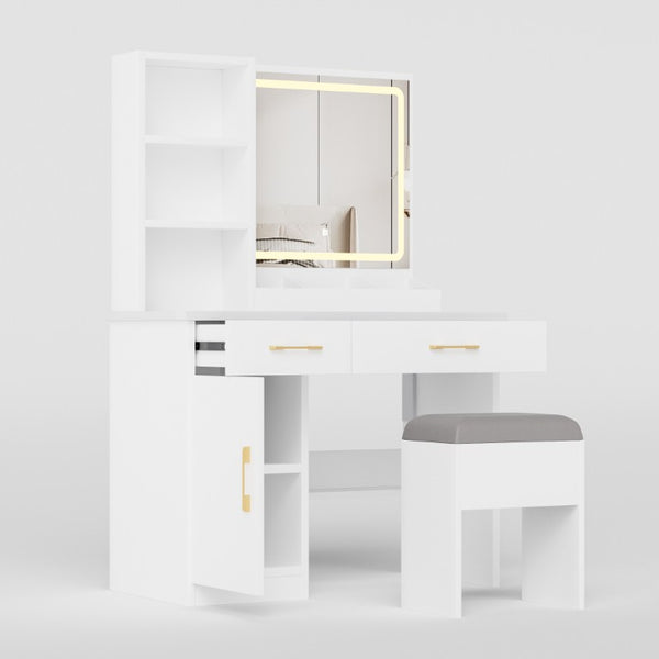 32 Inch White Wood Mirrored Vanity Table with Built-in Lighting and Two Storage Drawers