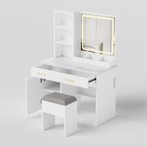 32 Inch White Wood Mirrored Vanity Table with Built-in Lighting and Two Storage Drawers