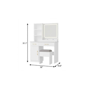 32 Inch White Wood Mirrored Vanity Table with Built-in Lighting and Two Storage Drawers