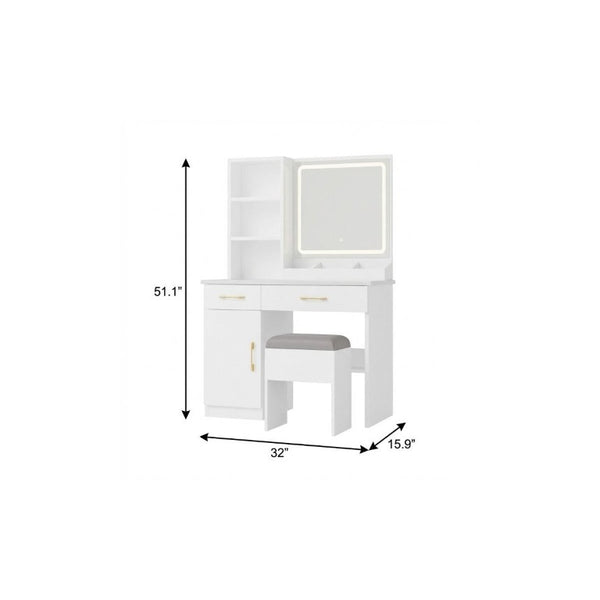 32 Inch White Wood Mirrored Vanity Table with Built-in Lighting and Two Storage Drawers