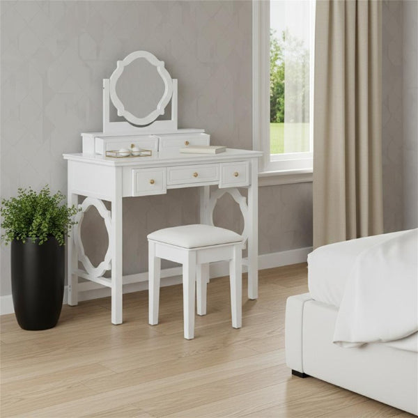 36 Inch White Mirrored Wood Vanity with Five Drawers for Bedroom Glam Storage