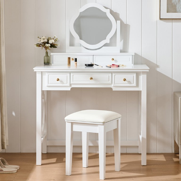 36 Inch White Mirrored Wood Vanity with Five Drawers for Bedroom Glam Storage