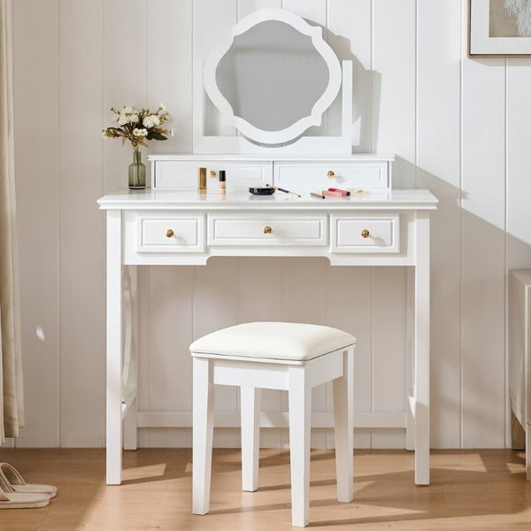 36 Inch White Mirrored Wood Vanity with Five Drawers for Bedroom Glam Storage