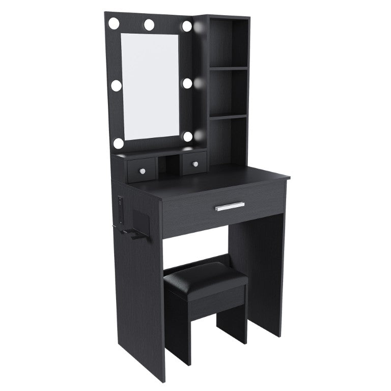 HomeRoots 24 Inch Mirrored Wood Vanity Table with Three Drawers and Built-in Hollywood Lighting Bedroom Black 691708