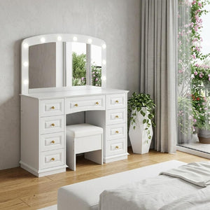 43 Inch White Wood Vanity Table with Nine Drawers Lighted Mirror Bedroom