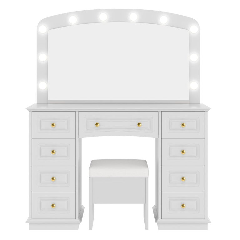 HomeRoots 43 Inch White Wood Vanity Table with Nine Drawers Lighted Mirror Bedroom 691722