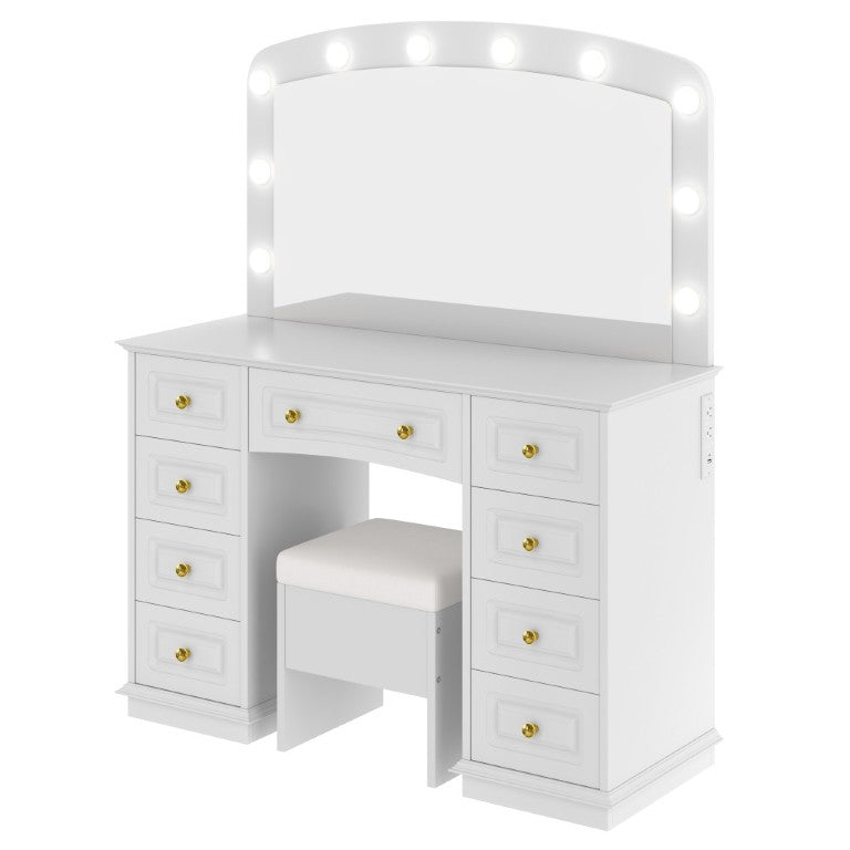HomeRoots 43 Inch White Wood Vanity Table with Nine Drawers Lighted Mirror Bedroom 691722
