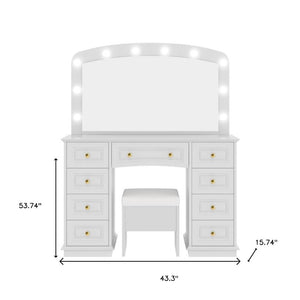 43 Inch White Wood Vanity Table with Nine Drawers Lighted Mirror Bedroom