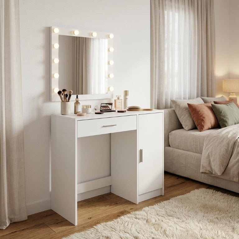 HomeRoots 35 Inch Wood Mirrored Vanity Table with Built-in Lighting for Glam Bedroom Decor White 691725