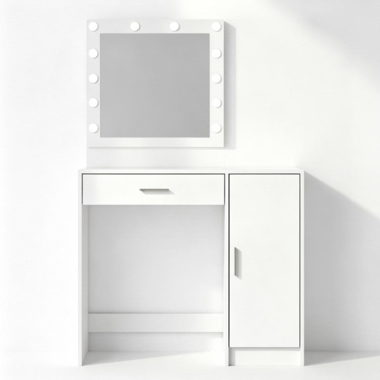 HomeRoots 35 Inch Wood Mirrored Vanity Table with Built-in Lighting for Glam Bedroom Decor White 691725