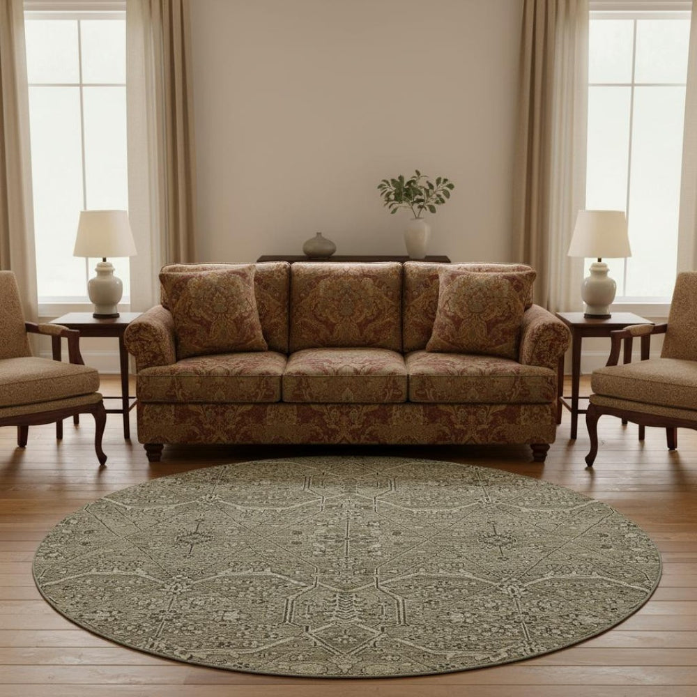 HomeRoots 8' X 8' Washable Round Rug in Khaki Beige & Gray Floral Design – Stain Resistant & UV Protected! 691737