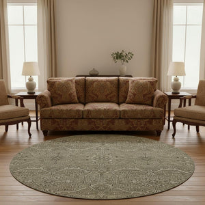 HomeRoots 8' X 8' Washable Round Rug in Khaki Beige & Gray Floral Design – Stain Resistant & UV Protected! 691737
