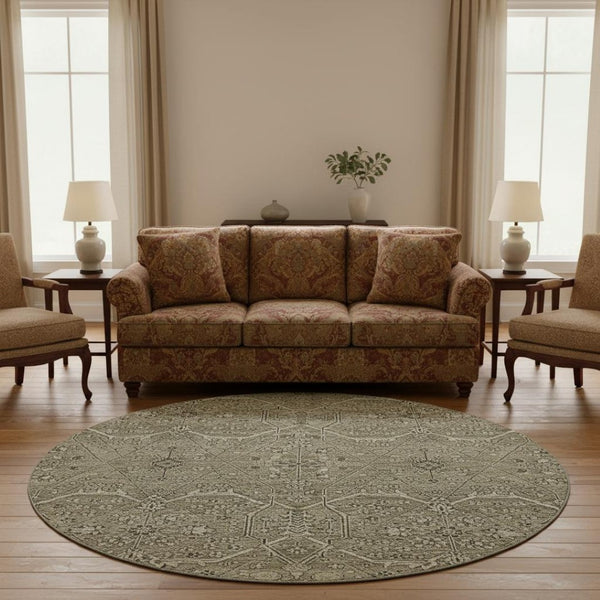 HomeRoots 8' X 8' Washable Round Rug in Khaki Beige & Gray Floral Design – Stain Resistant & UV Protected! 691737