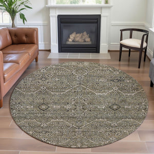 HomeRoots 8' X 8' Washable Round Rug in Khaki Beige & Gray Floral Design – Stain Resistant & UV Protected! 691737