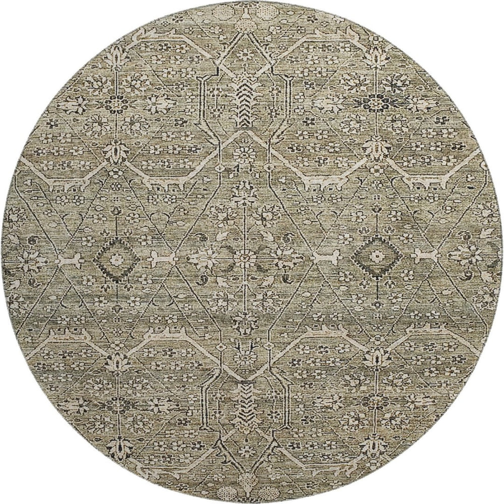 HomeRoots 8' X 8' Washable Round Rug in Khaki Beige & Gray Floral Design – Stain Resistant & UV Protected! 691737