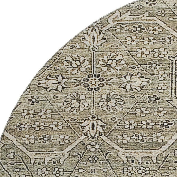 HomeRoots 8' X 8' Washable Round Rug in Khaki Beige & Gray Floral Design – Stain Resistant & UV Protected! 691737