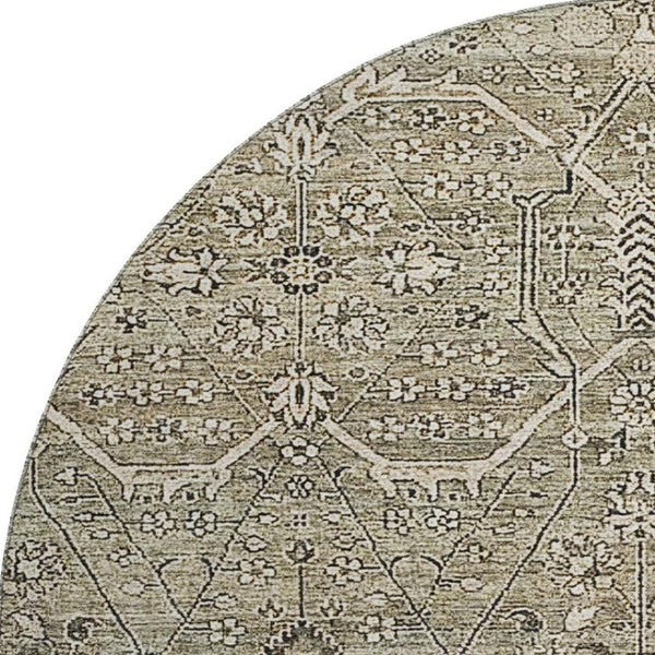 HomeRoots 8' X 8' Washable Round Rug in Khaki Beige & Gray Floral Design – Stain Resistant & UV Protected! 691737