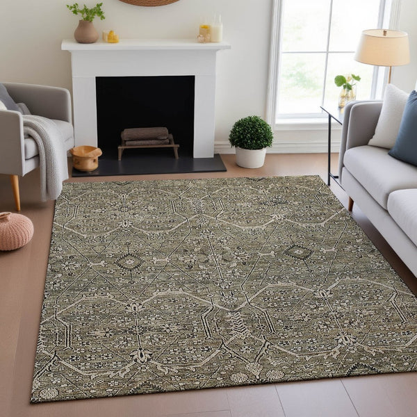HomeRoots 8' Washable Khaki Beige & Gray Floral Area Rug with UV Protection - Durable, Stylish & Easy Care! 691738