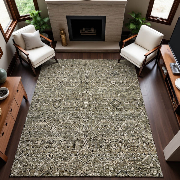 HomeRoots 8' Washable Khaki Beige & Gray Floral Area Rug with UV Protection - Durable, Stylish & Easy Care! 691738