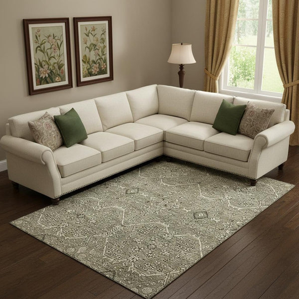HomeRoots 9' X 12' Khaki Beige and Gray Floral Washable Area Rug with UV Protection for Homes and Patios 691739