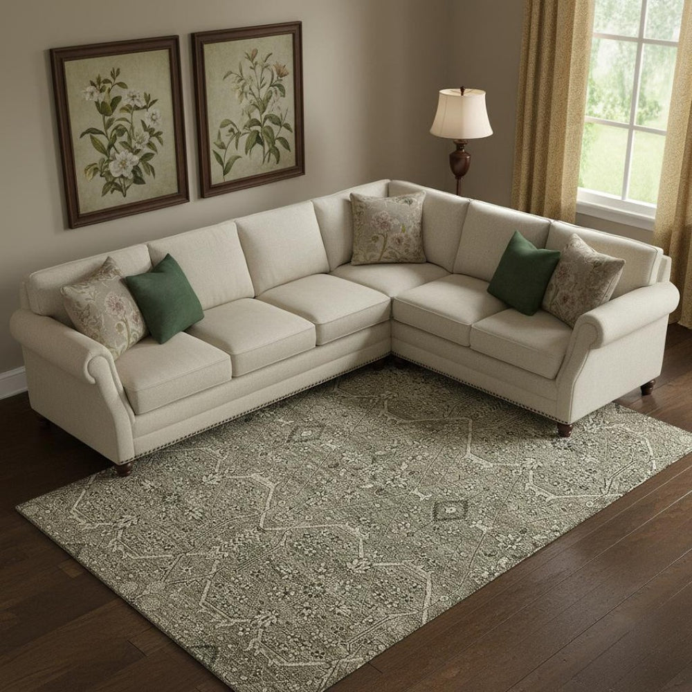 HomeRoots 10' X 14' Washable Khaki Beige & Gray Floral Area Rug with UV Protection for Stylish Living Spaces 691740