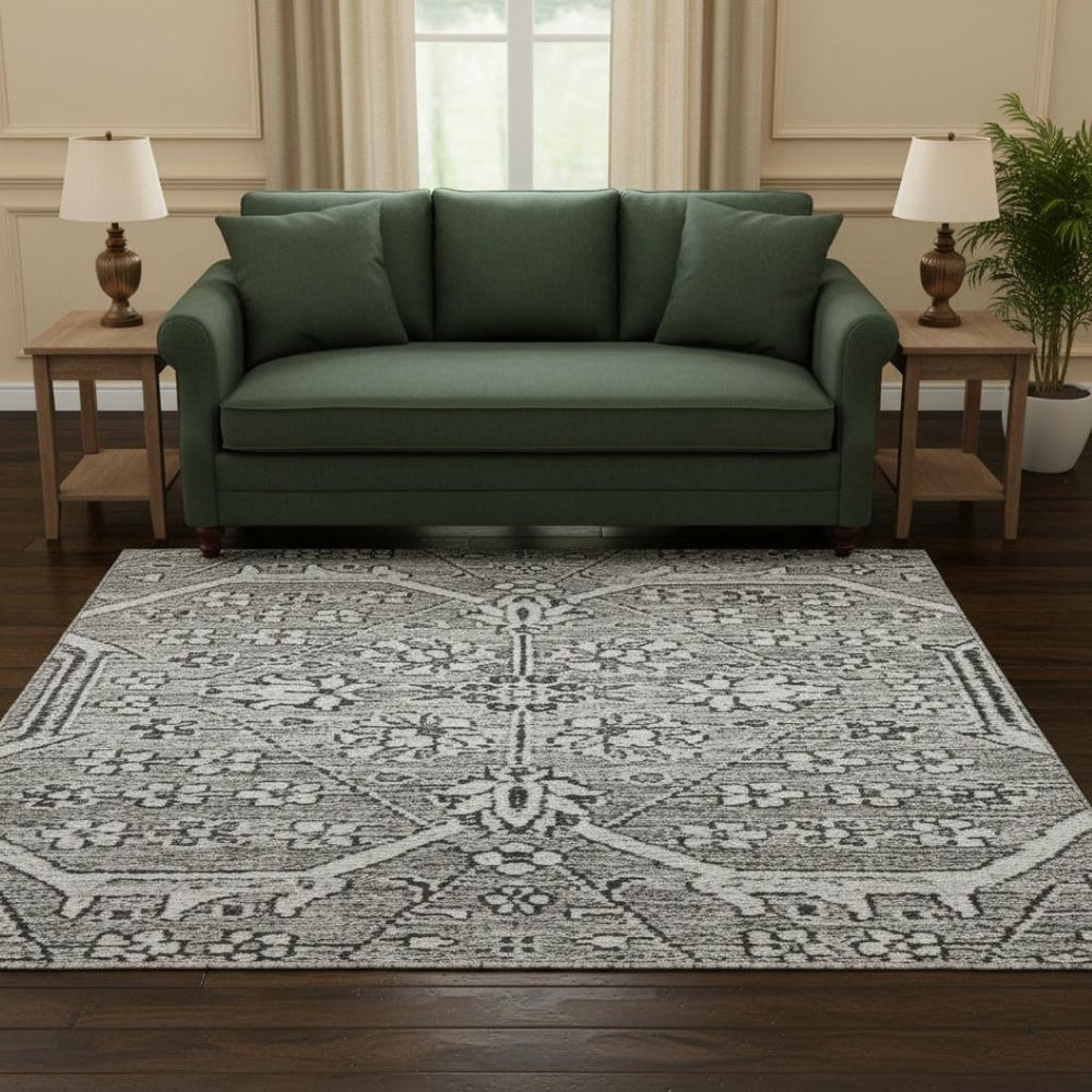 HomeRoots 8' X 8' Elegant Pewter Gray & Silver Floral Washable Round Rug with UV Protection & Non-Slip Backing 691743