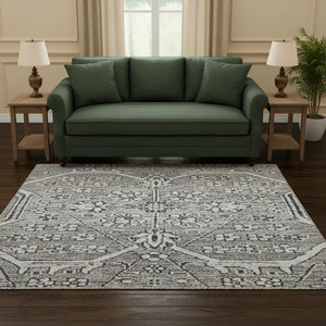 HomeRoots 8' X 8' Elegant Pewter Gray & Silver Floral Washable Round Rug with UV Protection & Non-Slip Backing 691743