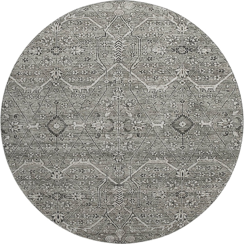 HomeRoots 8' X 8' Elegant Pewter Gray & Silver Floral Washable Round Rug with UV Protection & Non-Slip Backing 691743