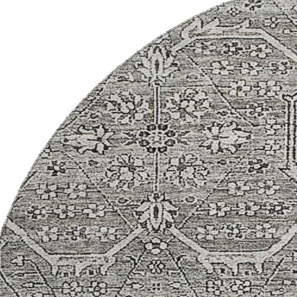 HomeRoots 8' X 8' Elegant Pewter Gray & Silver Floral Washable Round Rug with UV Protection & Non-Slip Backing 691743
