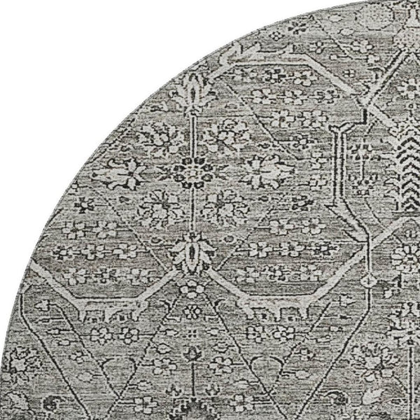 HomeRoots 8' X 8' Elegant Pewter Gray & Silver Floral Washable Round Rug with UV Protection & Non-Slip Backing 691743