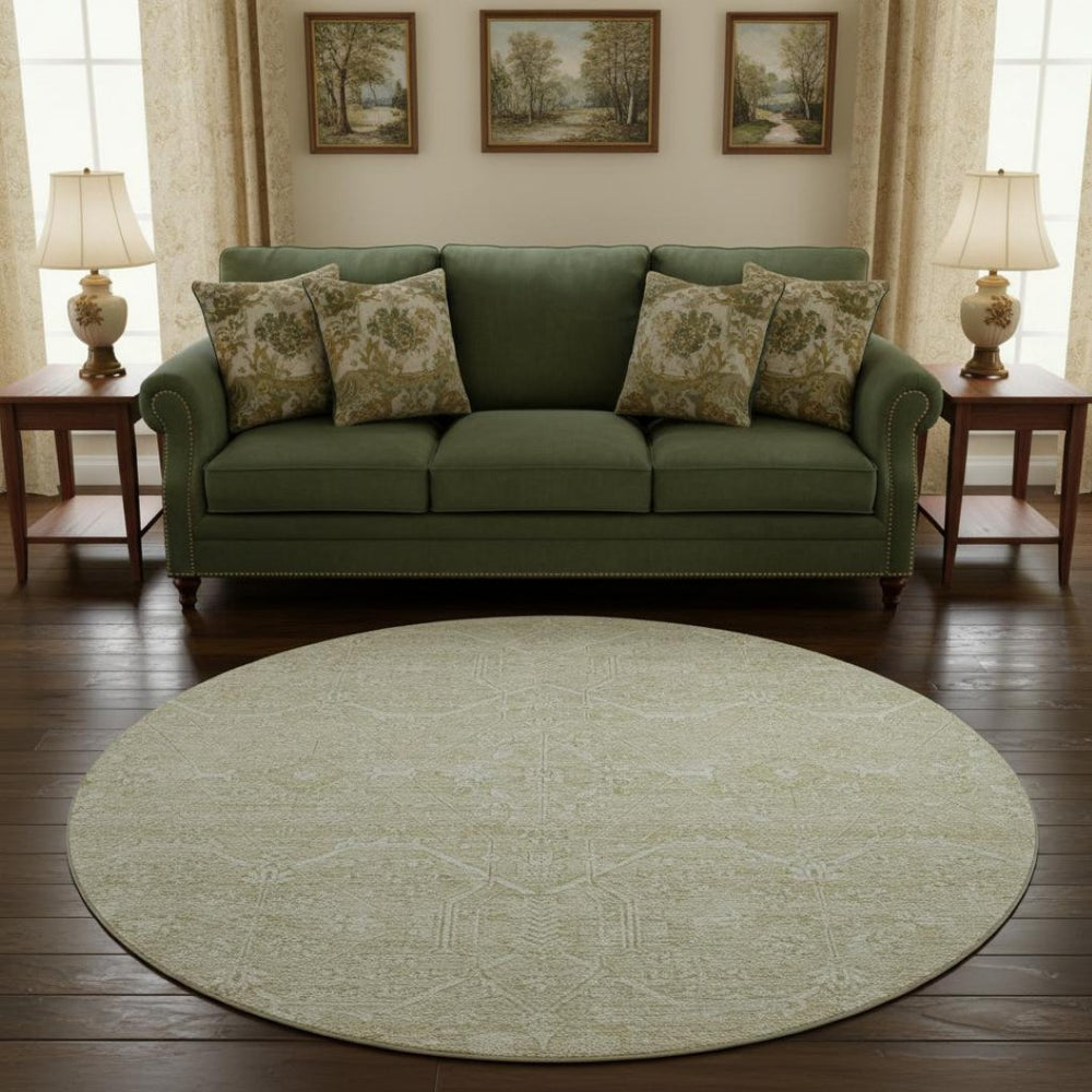 HomeRoots 8' X 8' Washable Beige and Ivory Floral Round Rug with UV Protection for Family-Friendly Spaces 691749