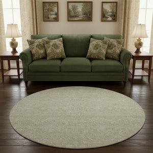 HomeRoots 8' X 8' Washable Beige and Ivory Floral Round Rug with UV Protection for Family-Friendly Spaces 691749