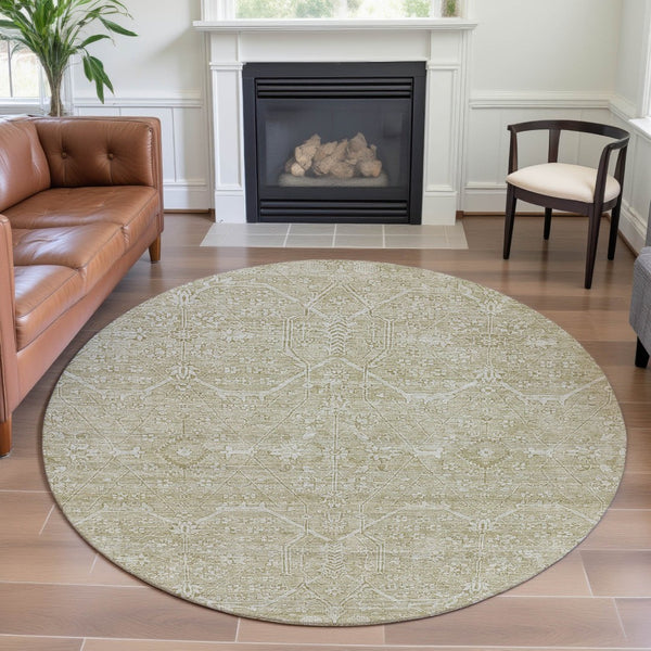 HomeRoots 8' X 8' Washable Beige and Ivory Floral Round Rug with UV Protection for Family-Friendly Spaces 691749