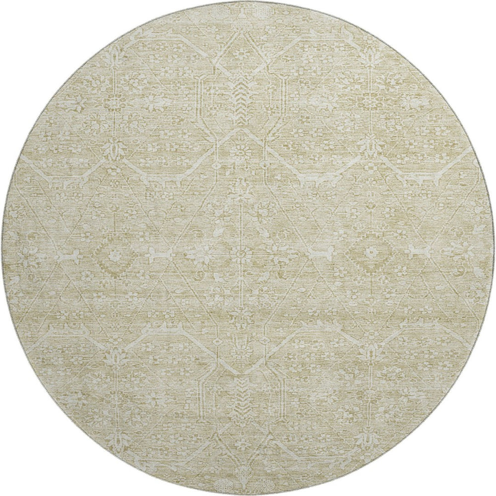 HomeRoots 8' X 8' Washable Beige and Ivory Floral Round Rug with UV Protection for Family-Friendly Spaces 691749