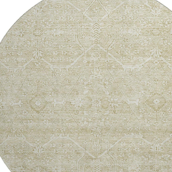 HomeRoots 8' X 8' Washable Beige and Ivory Floral Round Rug with UV Protection for Family-Friendly Spaces 691749