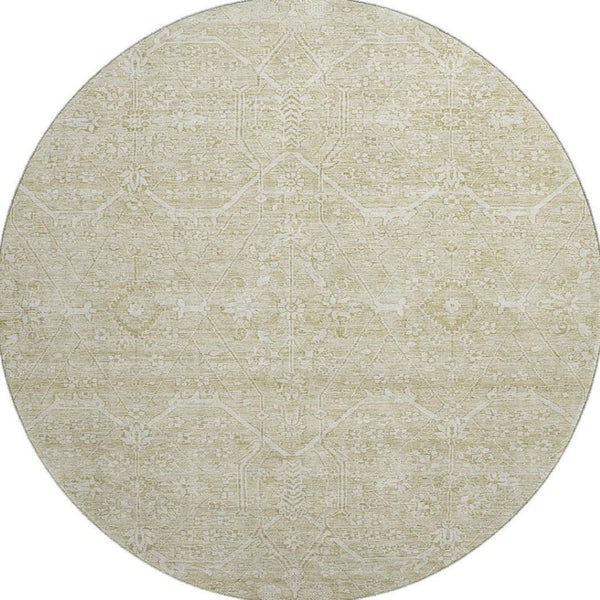 HomeRoots 8' X 8' Washable Beige and Ivory Floral Round Rug with UV Protection for Family-Friendly Spaces 691749