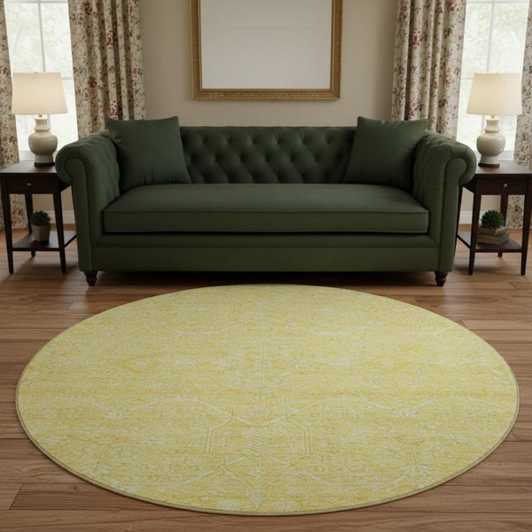 HomeRoots 8' X 8' Gold And Ivory Floral Round Rug - Washable, UV Protected, Stain Resistant for Easy Care 691755